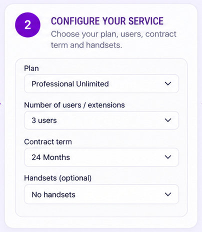 Step 2: Configure your service. Choose your plan, users, contract term and handsets.